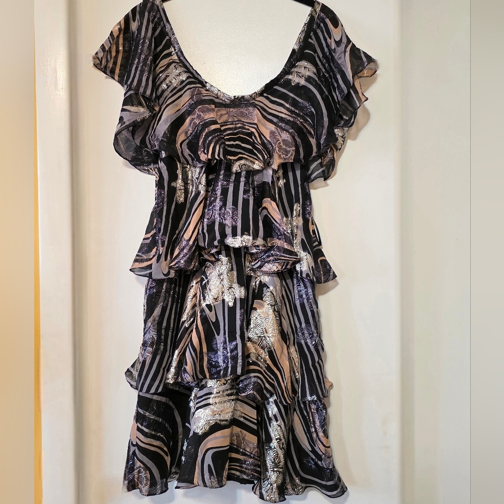 Silk Metallic Tiered Mini Dress